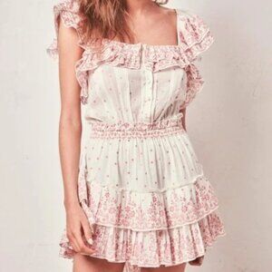 LoveShackFancy White Pink Floral Print Ruffle Marina Mini Dress M
